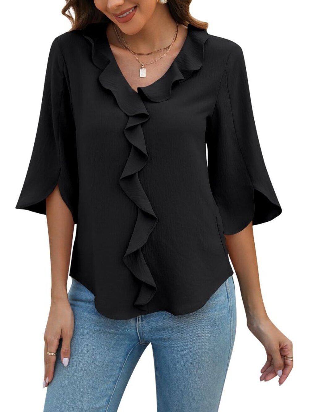 Womens Dressy Causal Blouses 3/4 Sleeve V Neck Ruffle Tops
